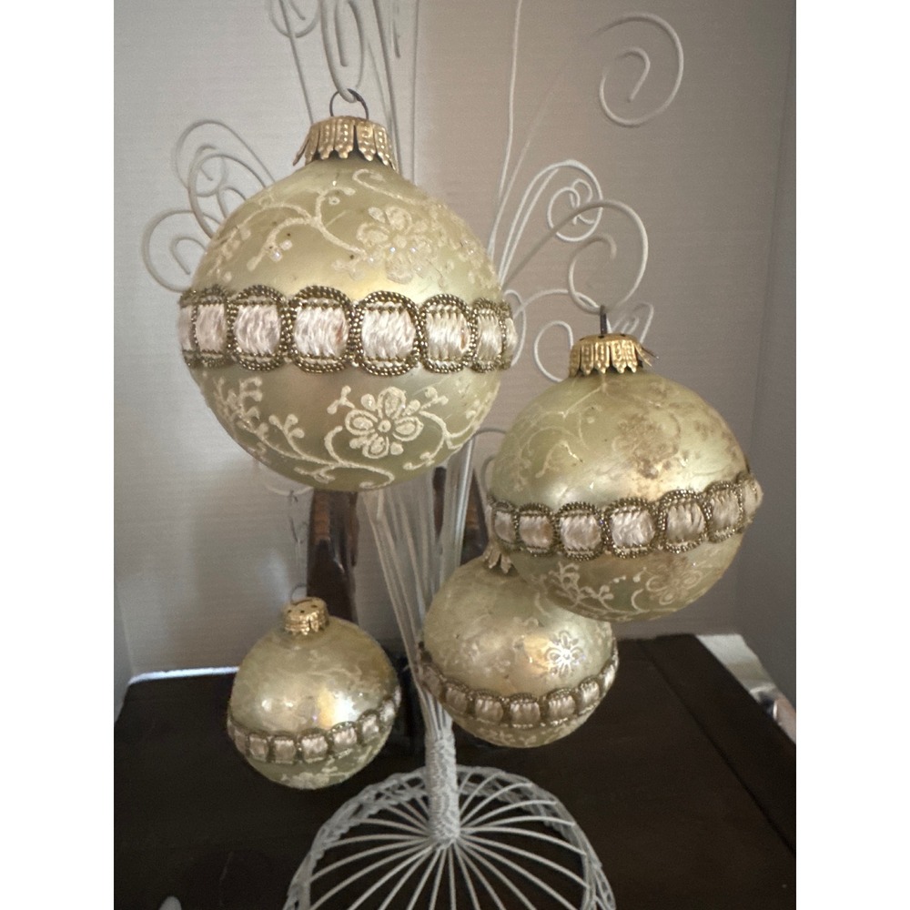 Vintage West Germany Glass Christmas Ornaments Set 4 Champagne Gold Floral Trim